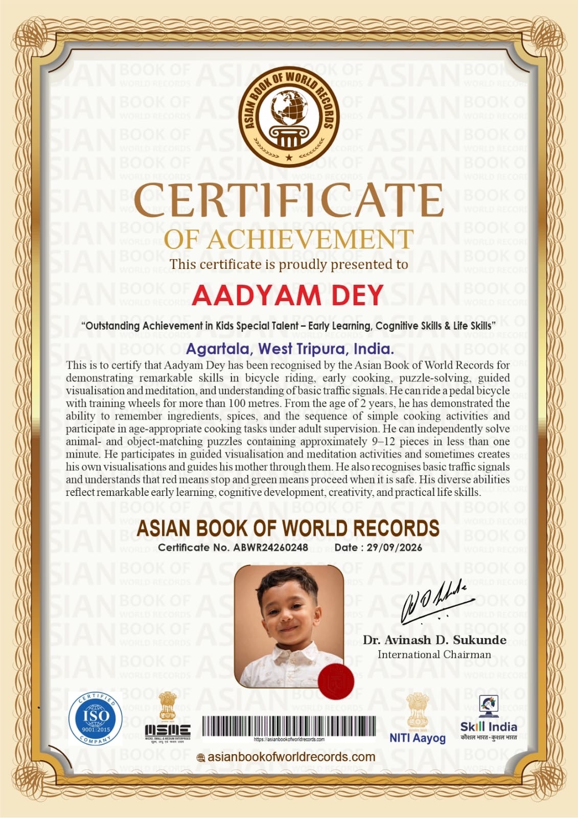 Certificate of recognition awarded to three-year-old Aadyam Dey by the Asian Book of World Records.