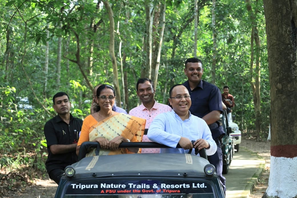 Forest Minister Animesh Debbarma and officials during a jeep safari at Trishna Wildlife Sanctuary following the inauguration of new tourism facilities on Wednesday.