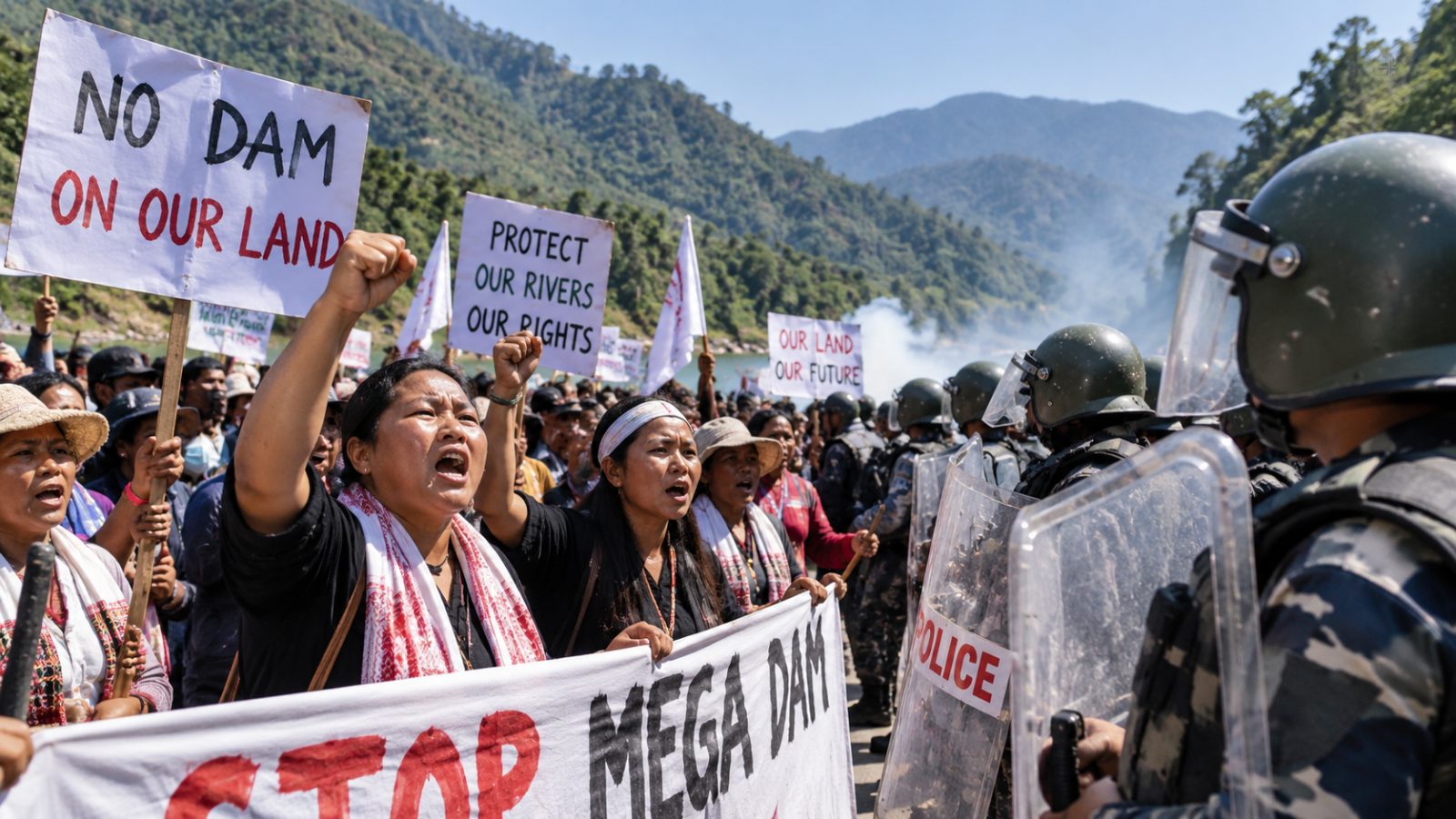 Representative image of an anti-dam protest in Arunachal Pradesh, where opposition to proposed hydropower projects has led to clashes between demonstrators and security personnel.