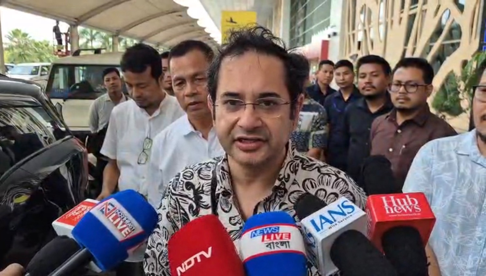 Pradyot Kishore Debbarma speaks to reporters at Maharaja Bir Bikram (MBB) Airport in Agartala on Wednesday.
