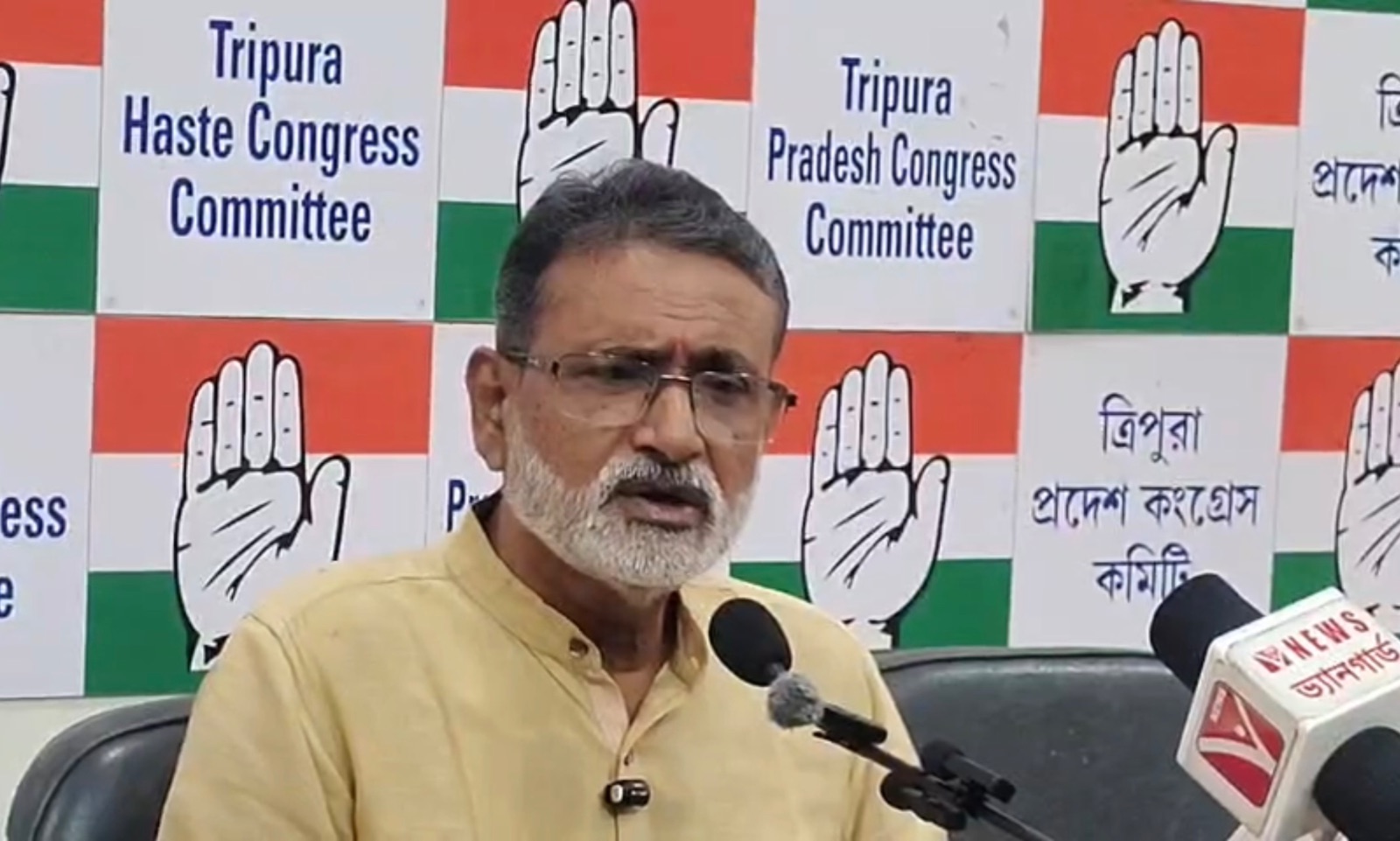 Tripura Pradesh Congress president Ashish Kumar Saha addresses the media in Agartala ahead of the upcoming civic polls.