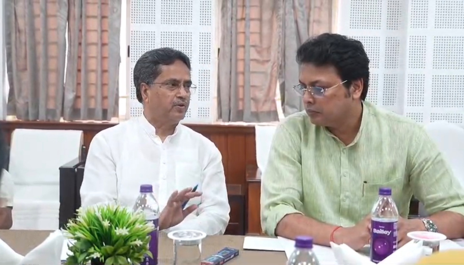 Chief Minister Dr Manik Saha and former Chief Minister Biplab Kumar Deb hold discussions during the BJP core committee meeting in Agartala.