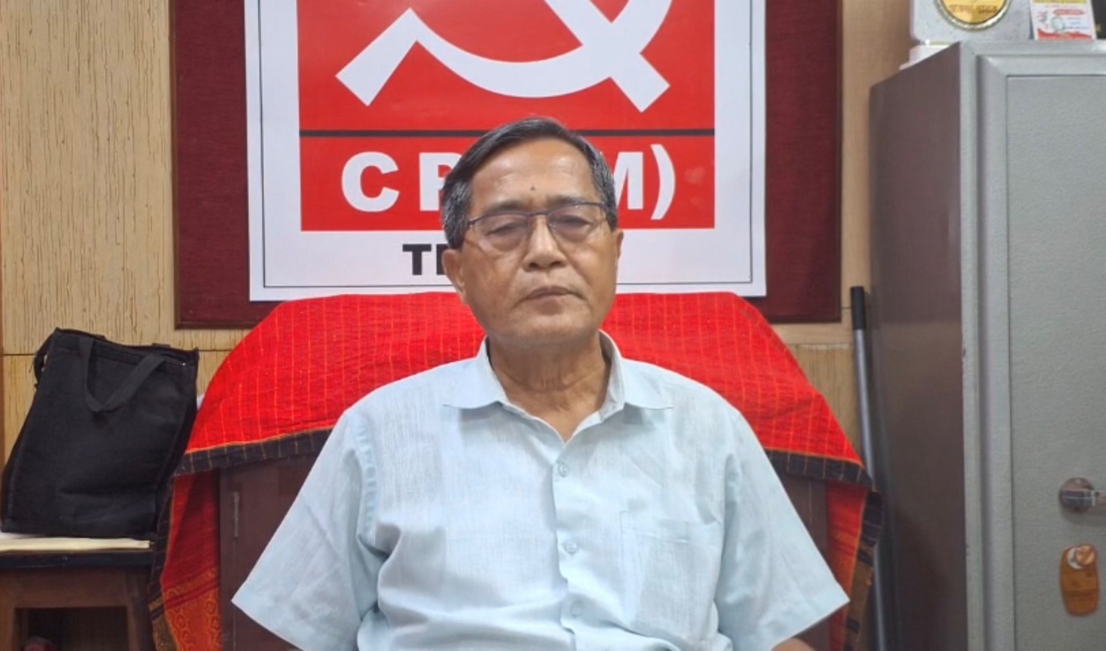 CPI(M) leader Jiten Chowdhury addresses the media during a press conference in Tripura.